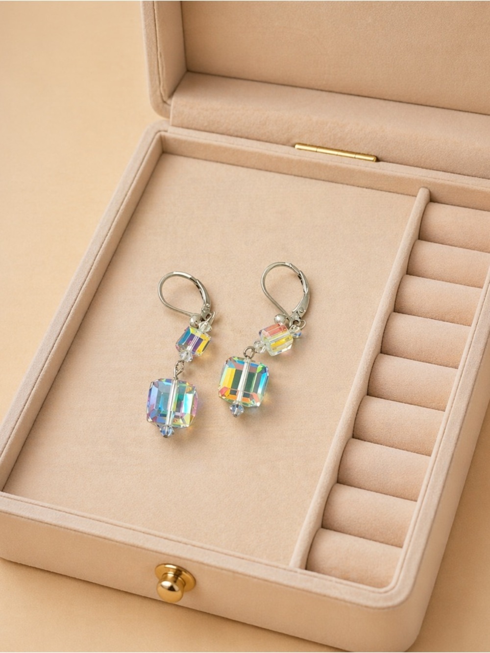 Iridescent Crystal Drop Earrings Silver Tone Dangle Elegant Sparkle